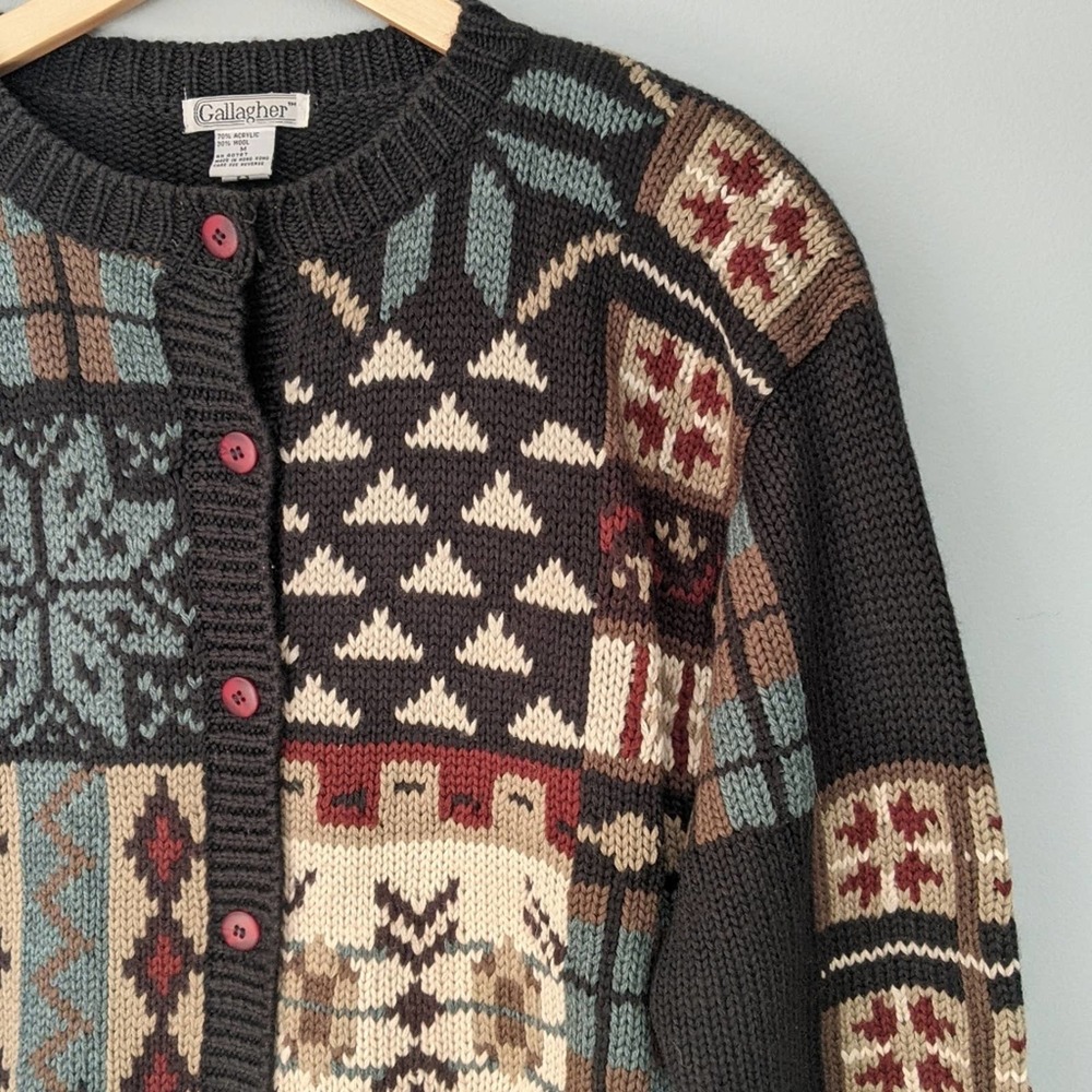 Vintage Wool Blend Cardigan Sweater Grannycore Patchwork Snowflake Size Medium